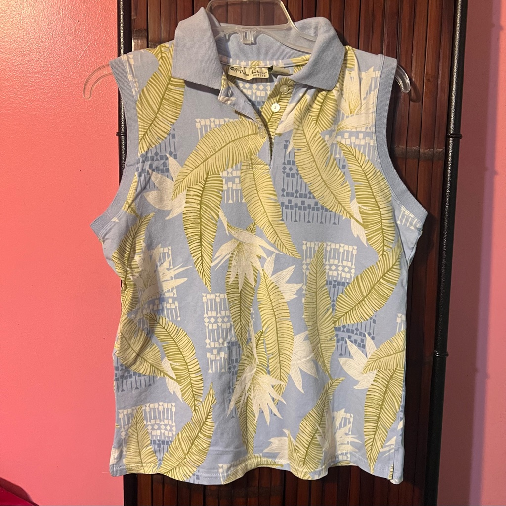 Palm Harbour Sleeveless Polo Tank With Yellow Leaf Print On Light Blue